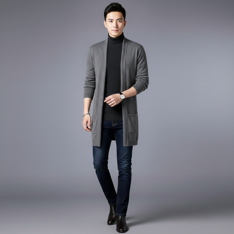 Man walking in a studio wearing a black turtleneck sweater styled with dark denim.