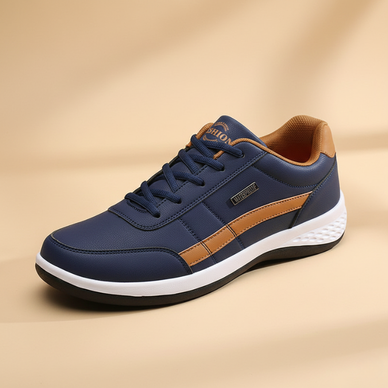 Top view of navy men’s casual sneakers showing lace-up design and contrast sole.