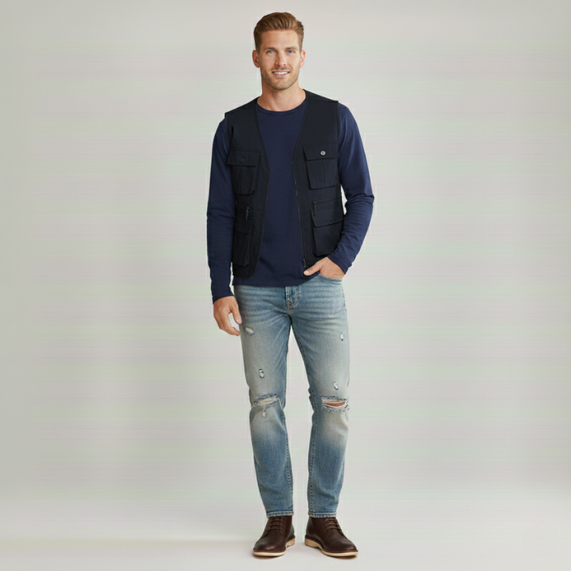 Man wearing a navy casual vest layered over a long-sleeve shirt with light blue jeans in a studio setting.