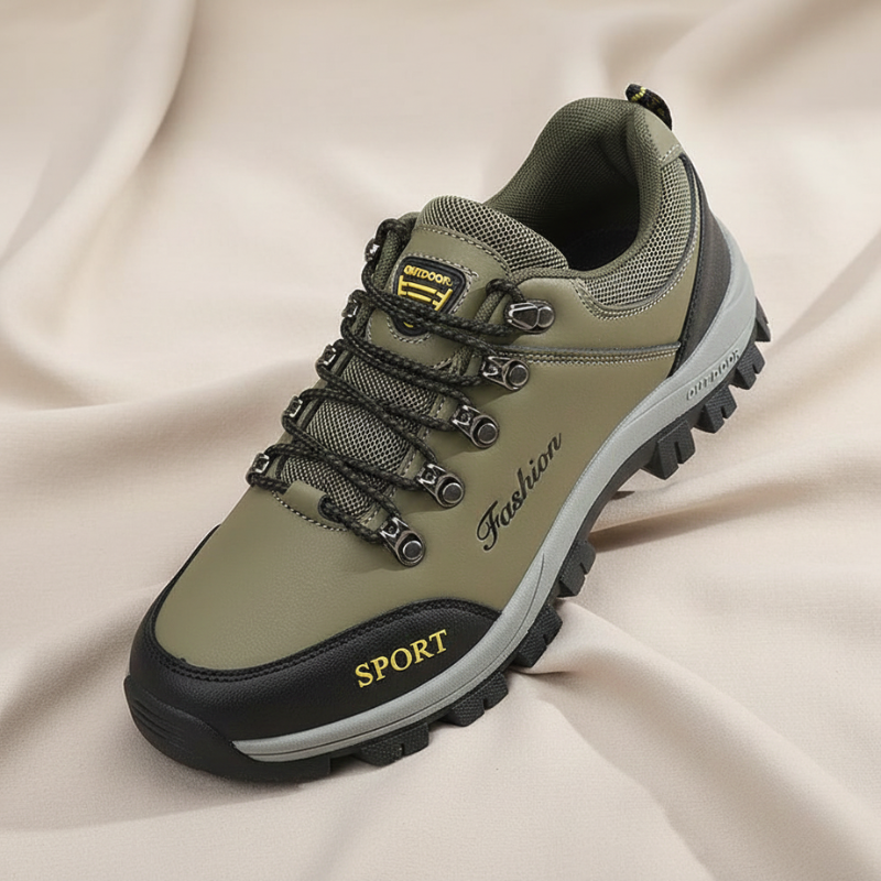 Top view of olive green men’s hiking shoes showing lace-up design and rugged construction.
