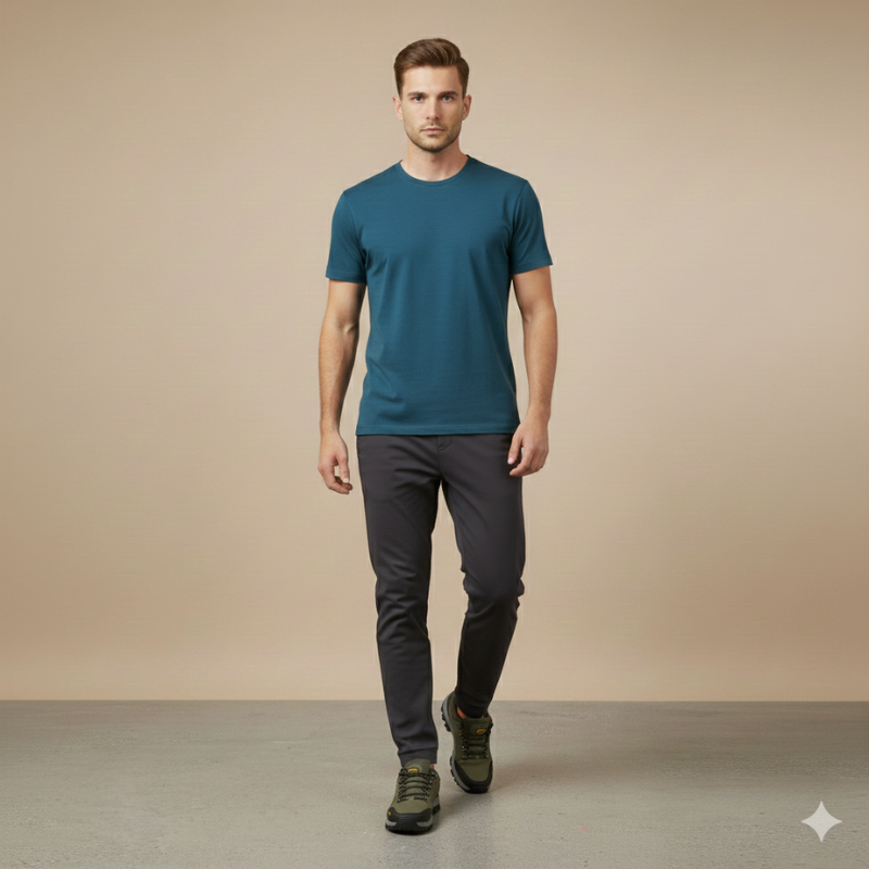 Man standing against a neutral background wearing olive trail shoes styled for casual outdoor wear.