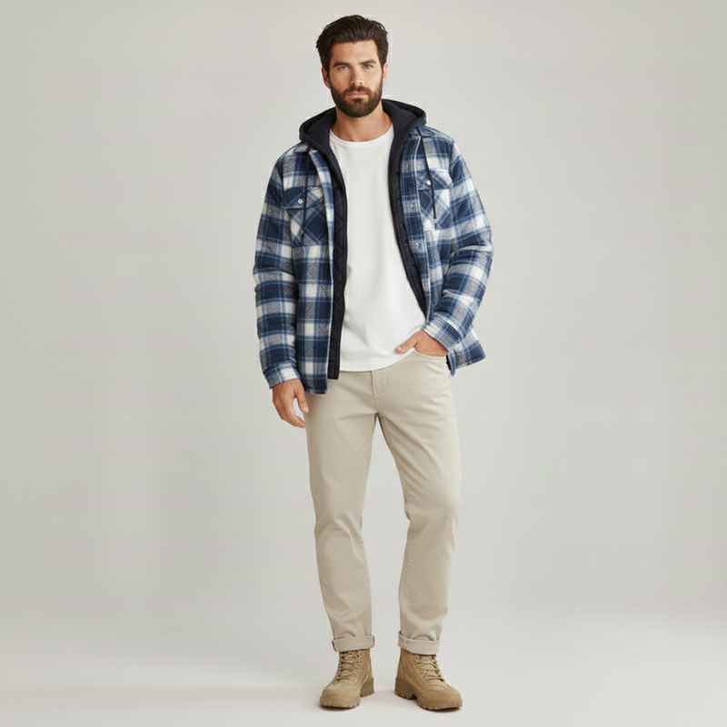 Man standing indoors wearing a blue plaid hooded jacket paired with light-colored pants.