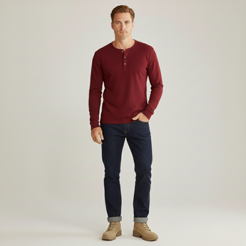 Male model wearing a red long-sleeve sweater paired with dark jeans in a neutral studio environment.