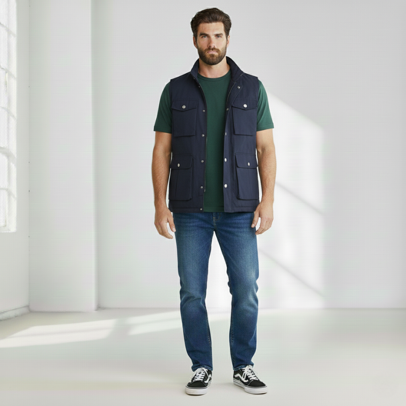 Man standing indoors wearing a navy sleeveless vest paired with a casual shirt and jeans.