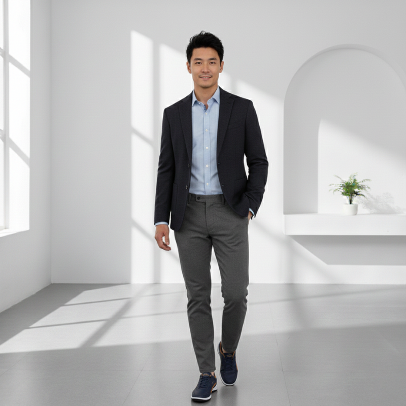 Male model wearing a dark jacket with a white shirt and trousers in a bright indoor environment.