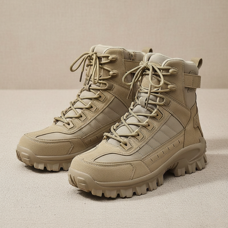Pair of tan men’s hiking boots displayed on a neutral background showing tread and ankle support.