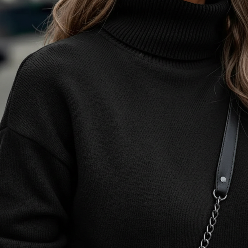 Close-up of a person wearing a black turtleneck sweater with a leather strap over the shoulder.