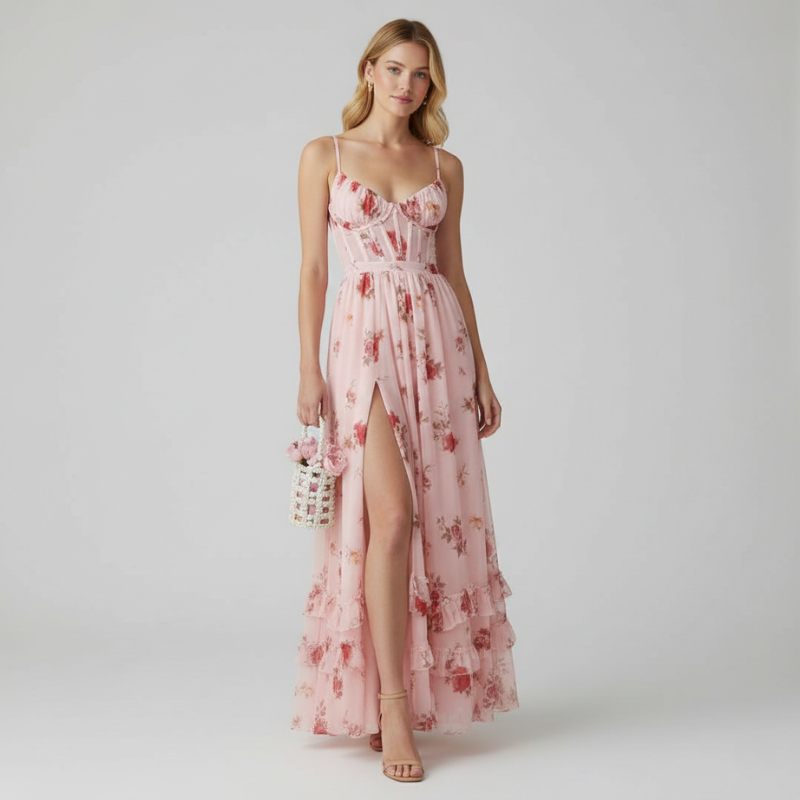 Woman wearing a pink floral dress on a white background