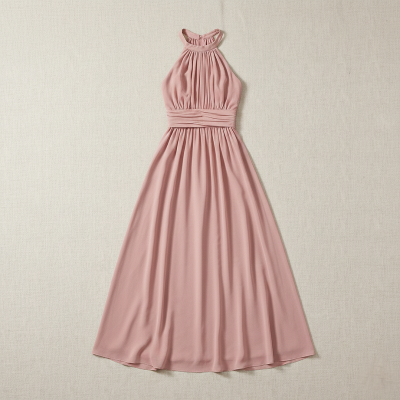 Pink chiffon maxi dress hanging on a hanger in a studio.