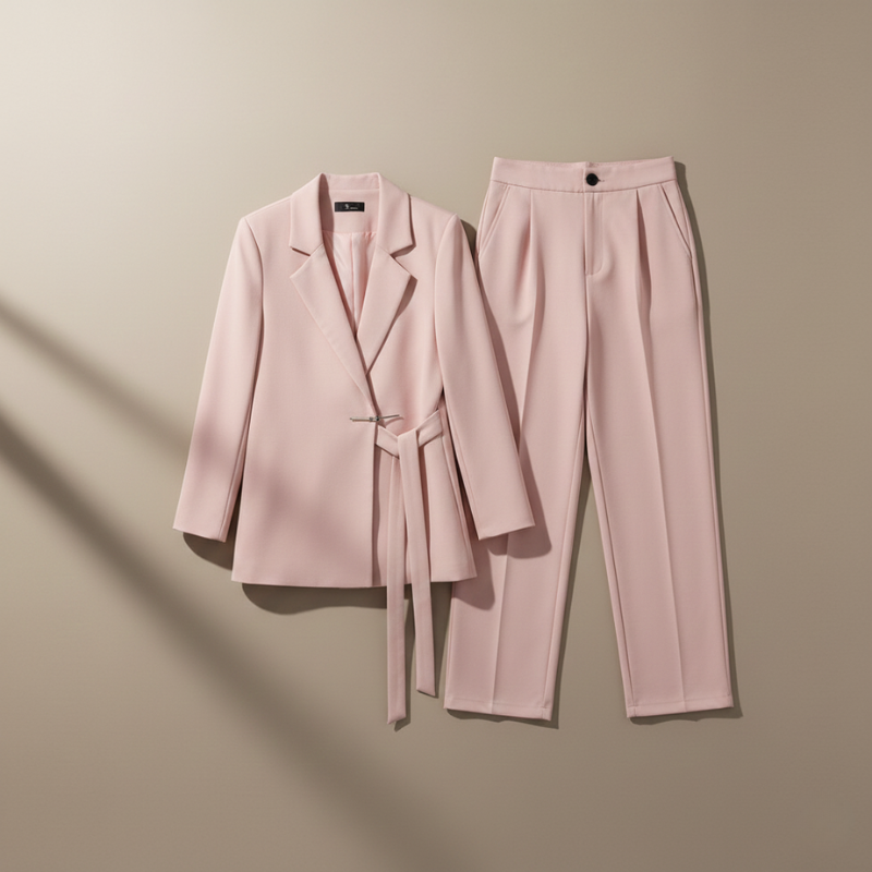 Pink suit with blazer and pants on a beige background