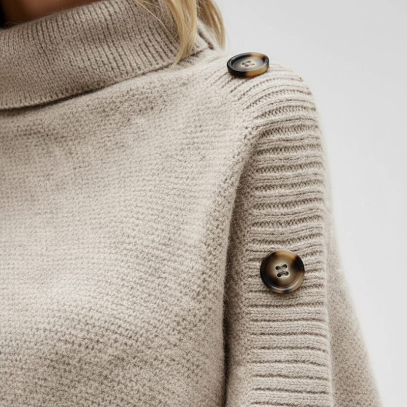 Close-up of a beige textured sweater with buttons on a light background