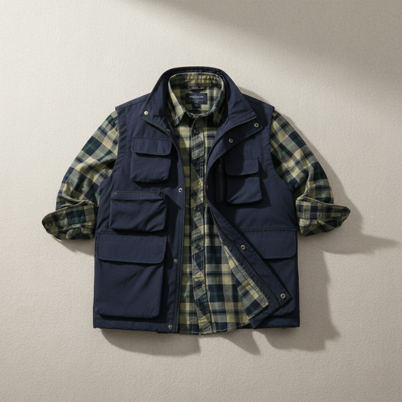 Flat display of a sleeveless vest showing quilted interior lining and structured design.