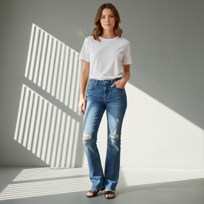 Woman wearing a white t-shirt and blue jeans standing in a room with sunlight casting shadows on the wall.
