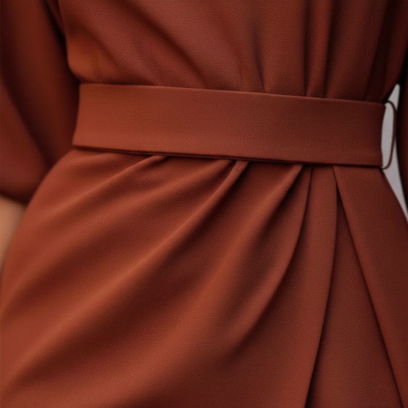 Close-up of ruched fabric texture on a rust-colored maxi dress.