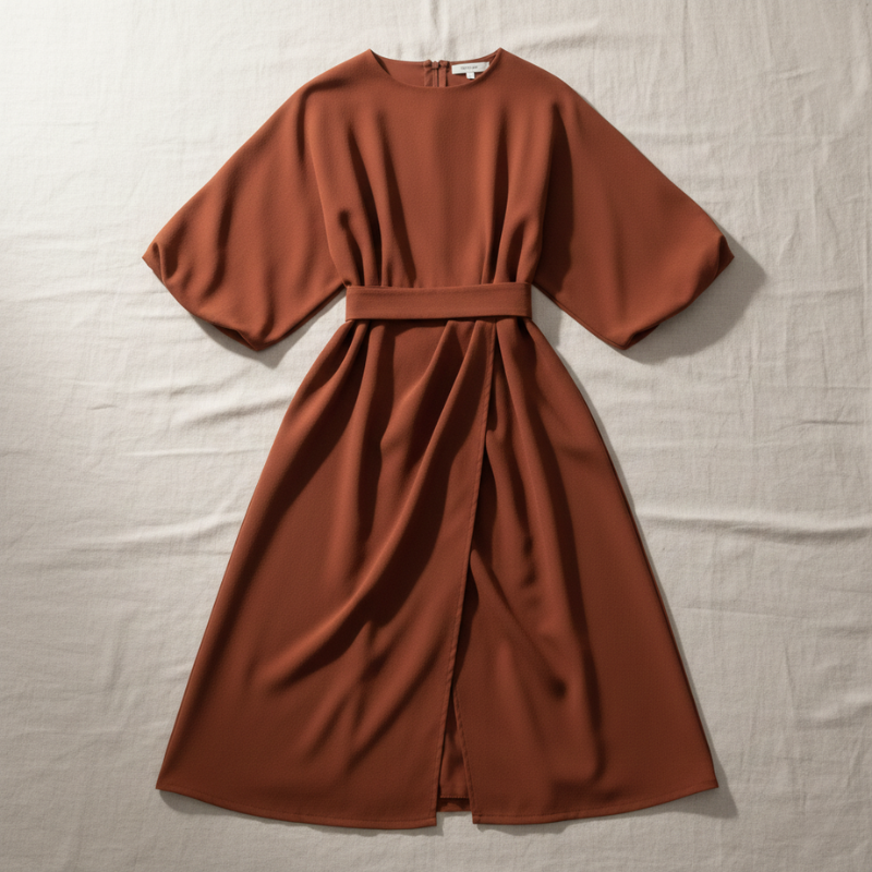 Rust-colored maxi dress displayed flat on a neutral background.