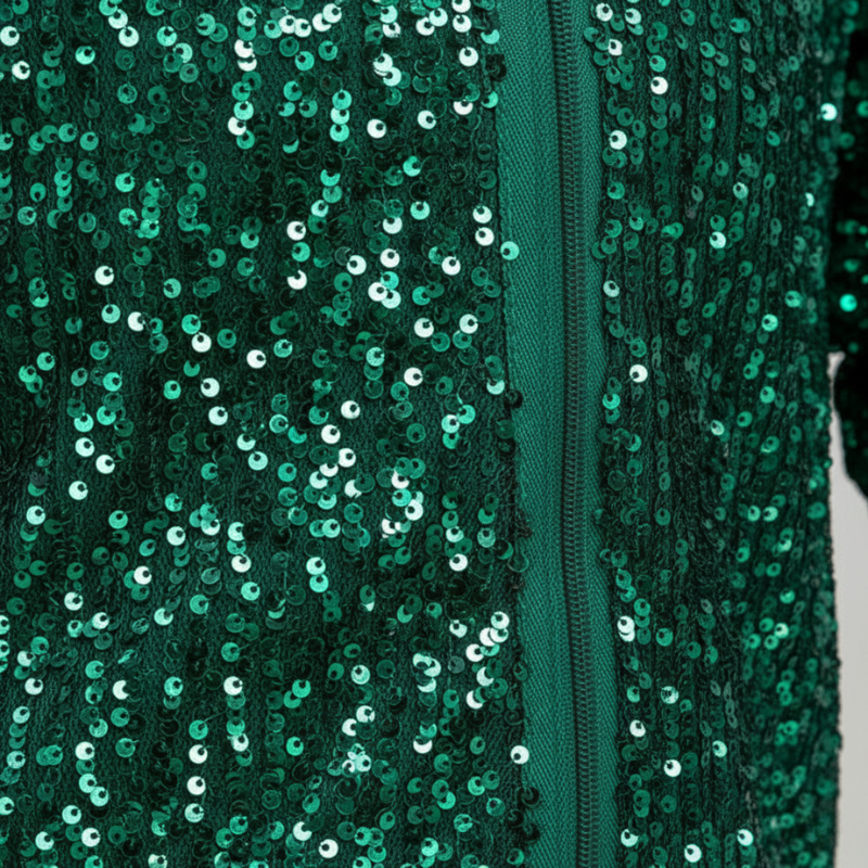 Close-up of green sequined fabric with a zipper