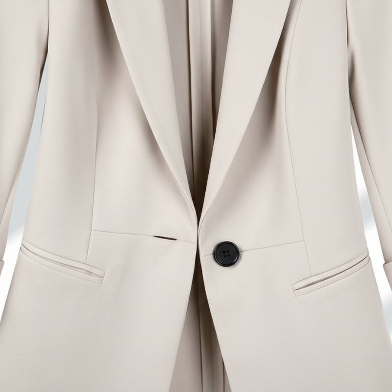 Close-up of a beige blazer with a black button on a blurred background