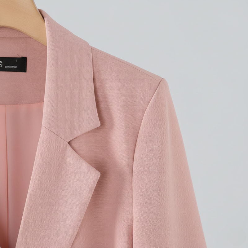 Pink blazer on a hanger with a plain background