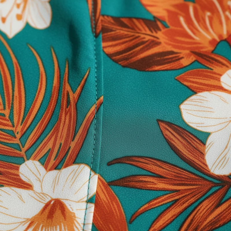 Close-up of a tropical floral pattern with orange leaves and white flowers on a teal background.