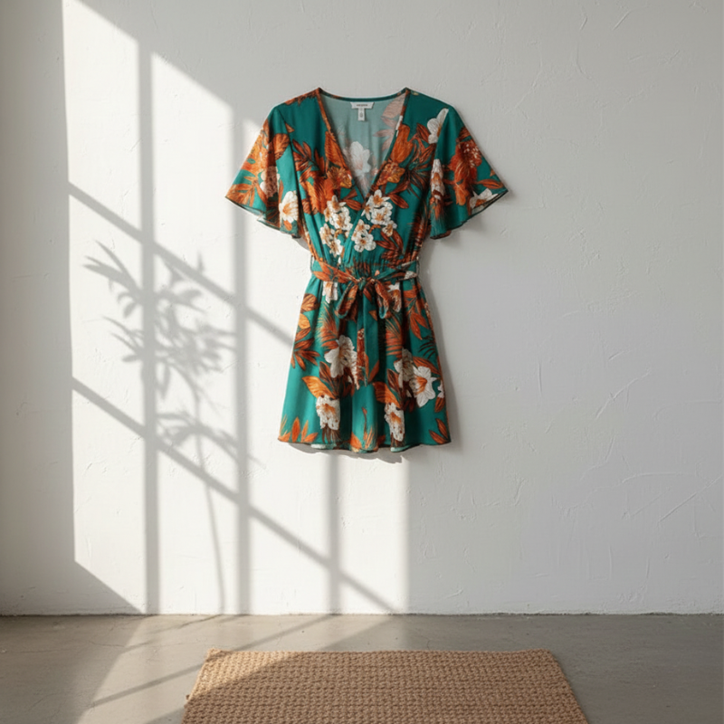 Floral dress on a white background with sunlight casting shadows