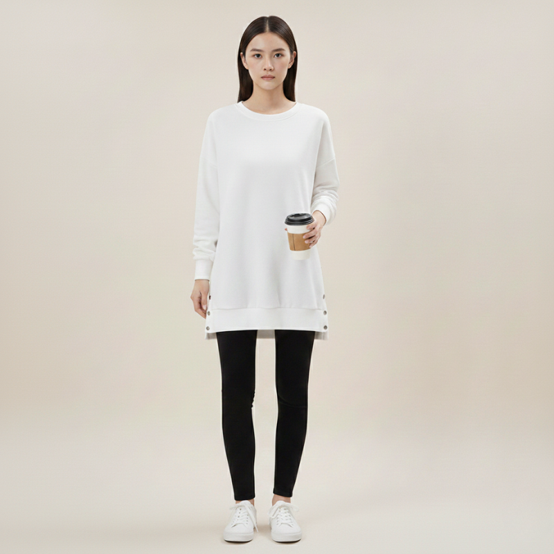 Woman wearing a white sweater and black leggings holding a coffee cup on a beige background