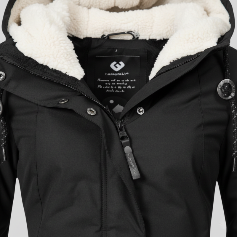 Black parka with white fur lining on a gray background