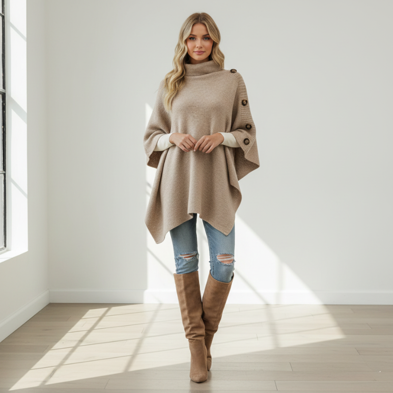 women wearing Beige poncho with button details on a light gray background