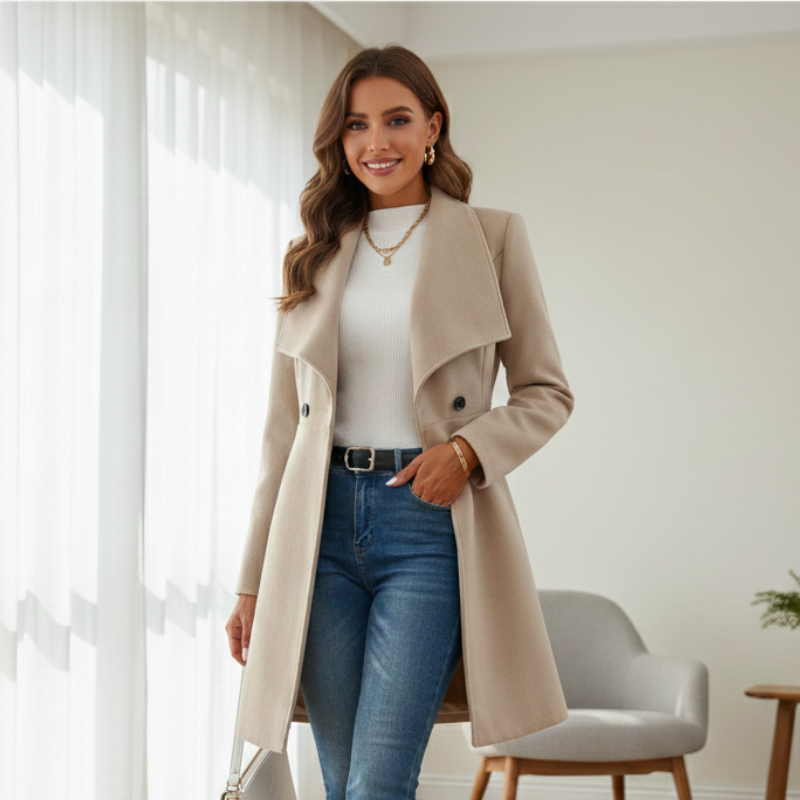 Woman walking indoors wearing a beige wool-blend overcoat paired with fitted pants and boots.