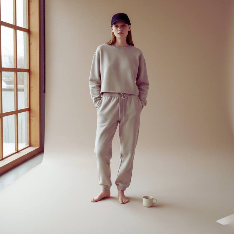 Person wearing a light gray sweatshirt and pants standing in a minimalistic room with a window and a cup on the floor.