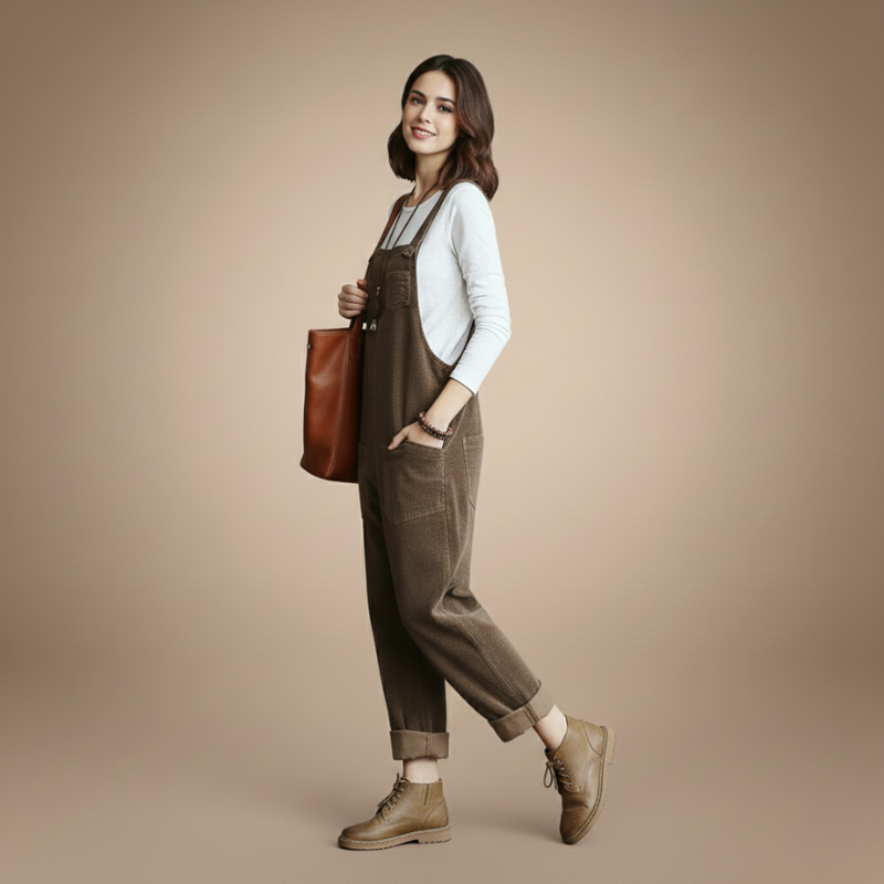 Model wearing beige overalls posing in a minimal indoor setting.