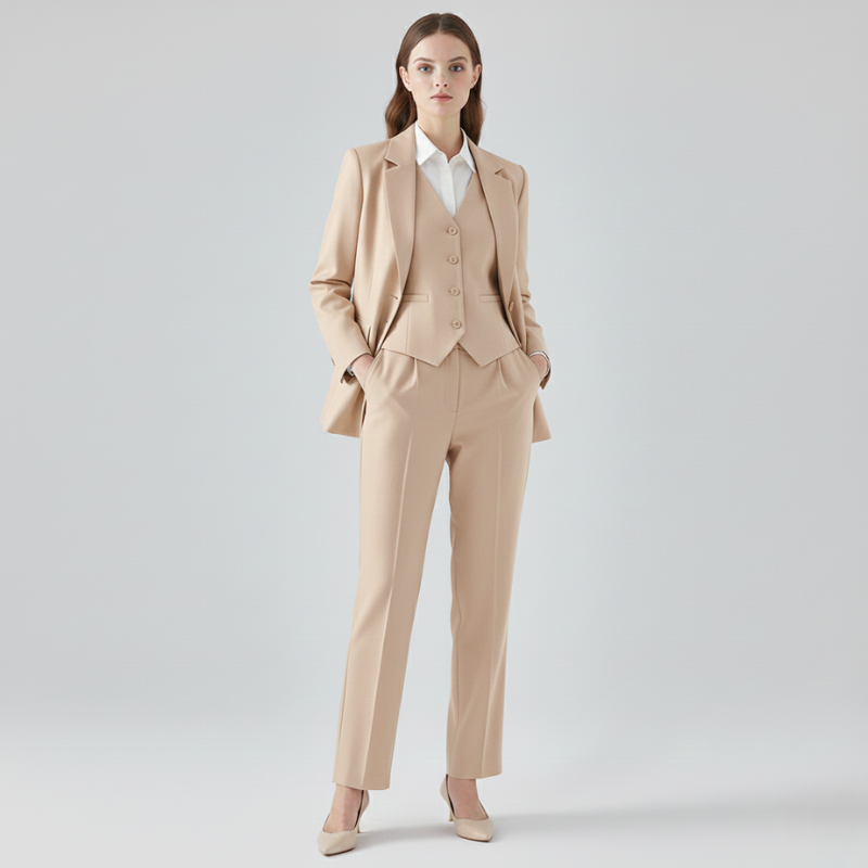 Woman wearing a beige suit on a light gray background
