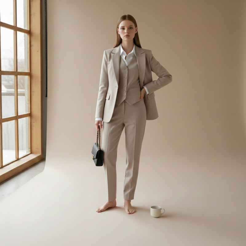 Woman in a beige suit standing in a minimalistic room with a window.