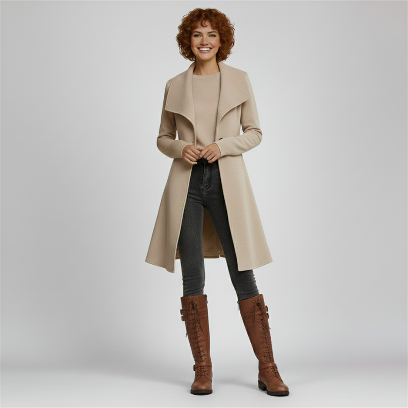 Woman wearing a beige long wool coat styled with jeans and a knit top in soft indoor lighting.