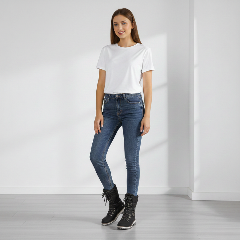 Woman wearing a white t-shirt and blue jeans standing against a plain white wall.