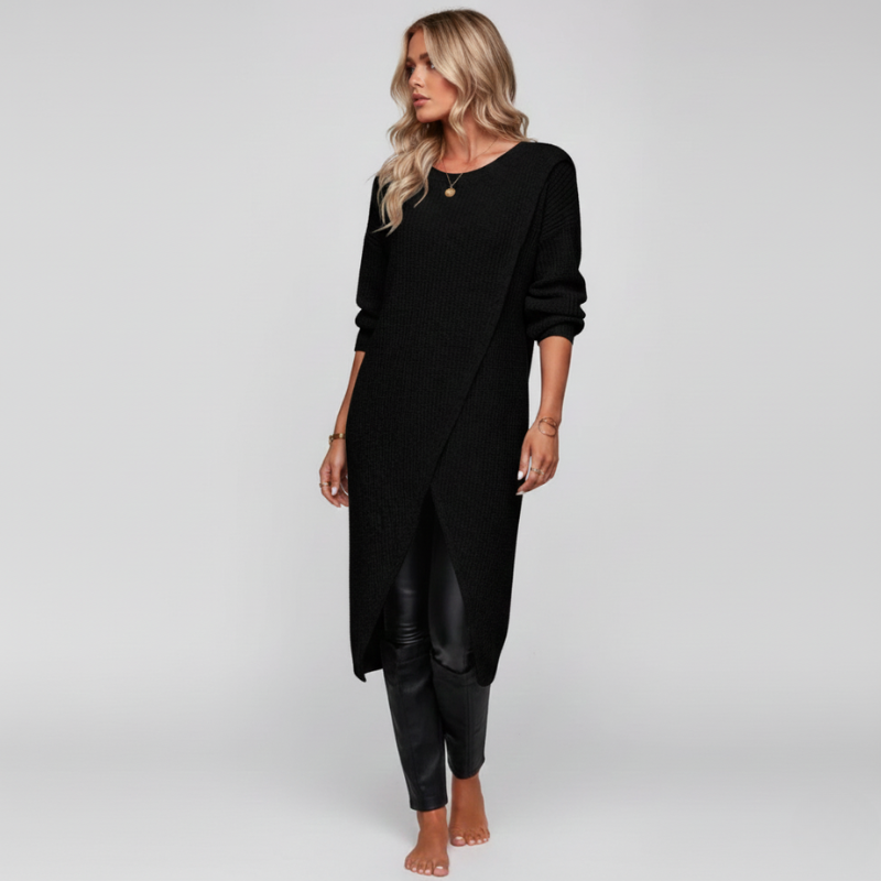 Woman wearing a black outfit on a plain background