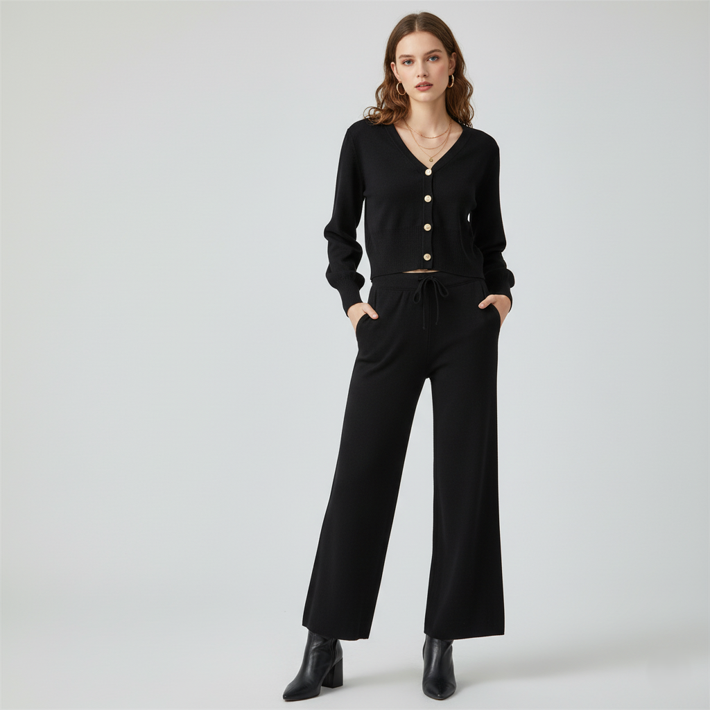 Woman wearing a black outfit with buttons on a light gray background