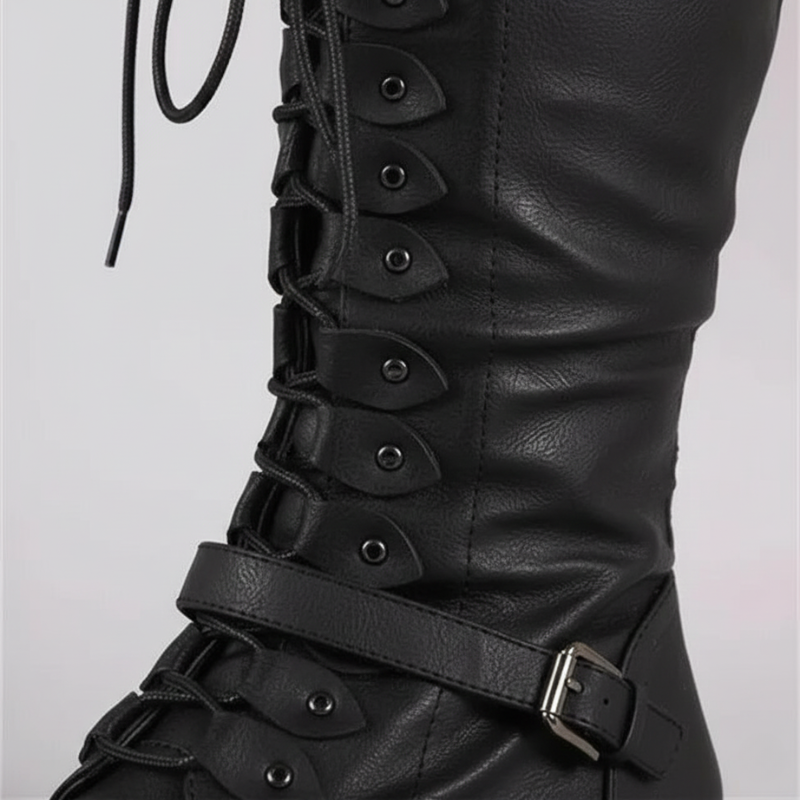 Close-up of black lace-up combat boots showing buckles, stitching, and durable textured leather.