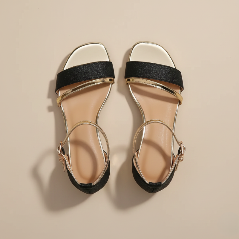 Black sandals with gold straps on a beige background