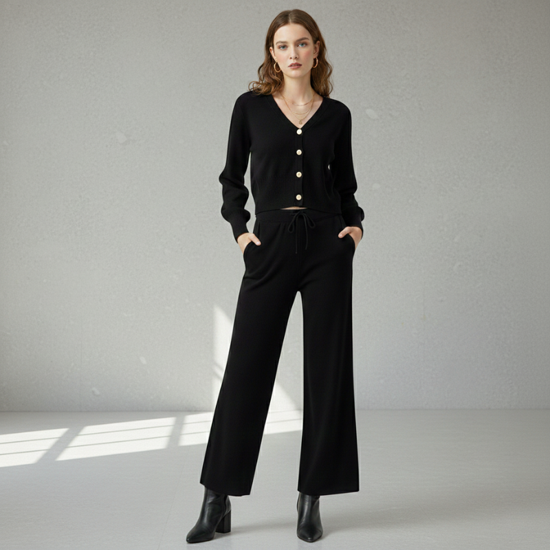 Woman wearing a black outfit with a plain background