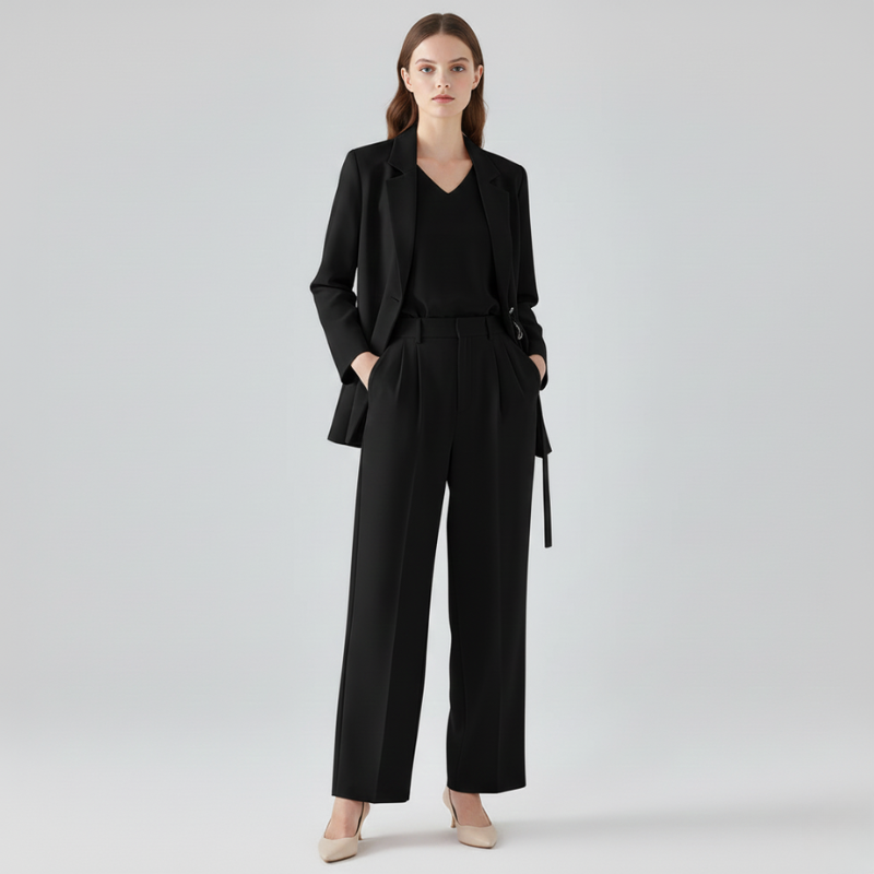 Woman wearing a black suit on a light gray background