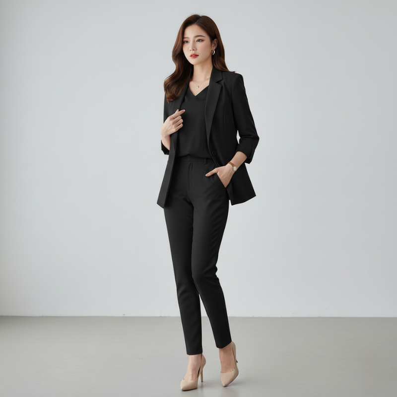 Woman wearing a beige suit against a plain background