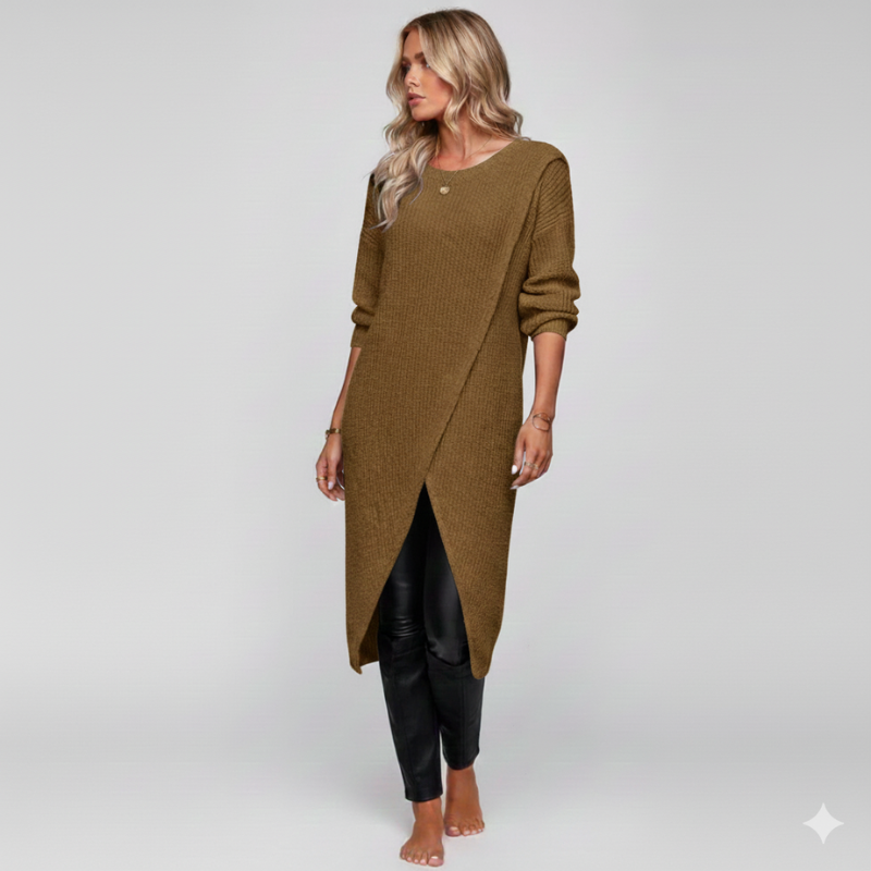 Woman wearing a long brown sweater with a white background