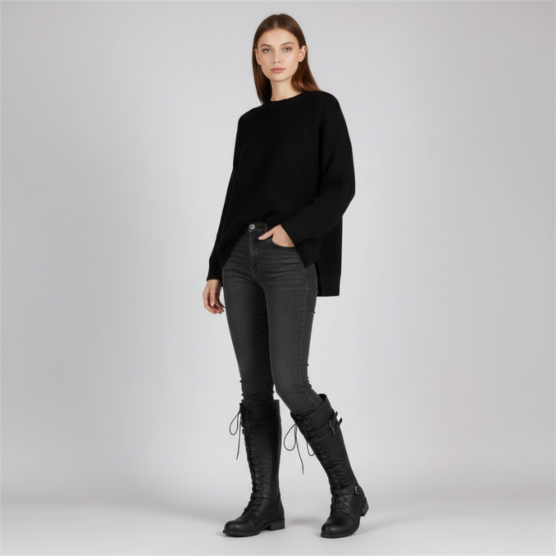 Woman in a black sweater and gray pants wearing tall brown combat boots in studio lighting.