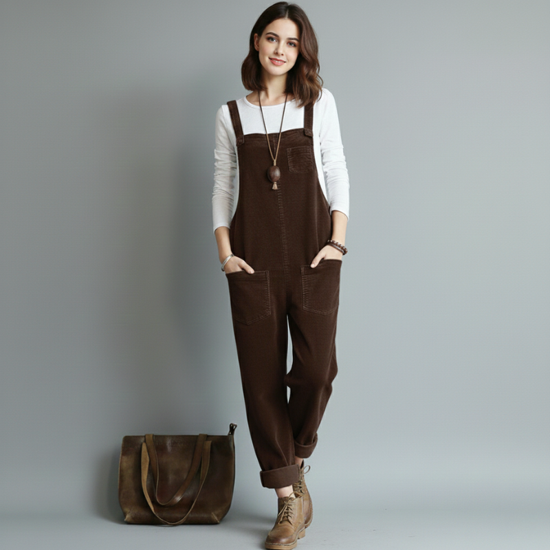 Woman wearing brown casual overalls with a white top posing against a grey background.