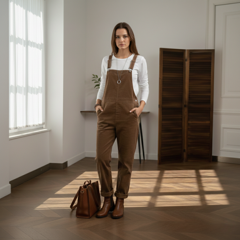 Woman wearing brown overalls standing inside a wooden interior room.