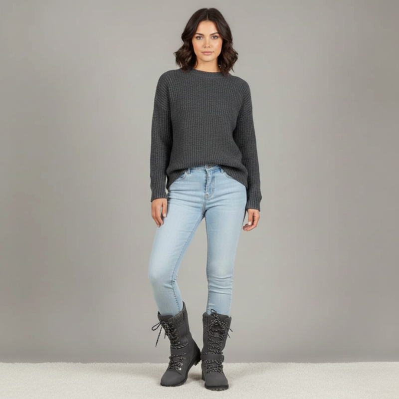 Woman wearing a dark gray sweater, light blue jeans, and dark gray boots on a plain background