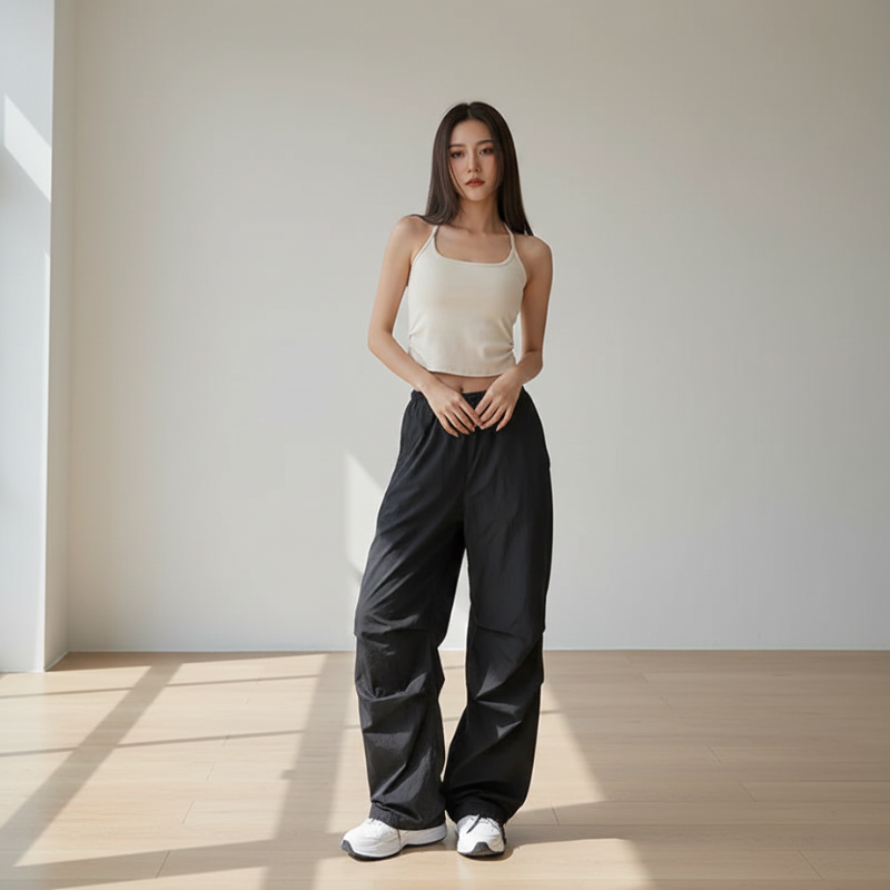 Woman wearing a white tank top and black pants standing in a well-lit room.