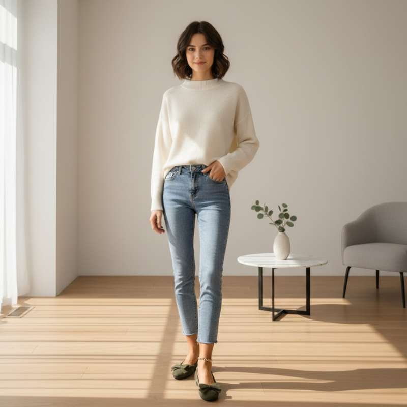 Woman wearing a white sweater and blue jeans standing in a bright room with a table and chair.