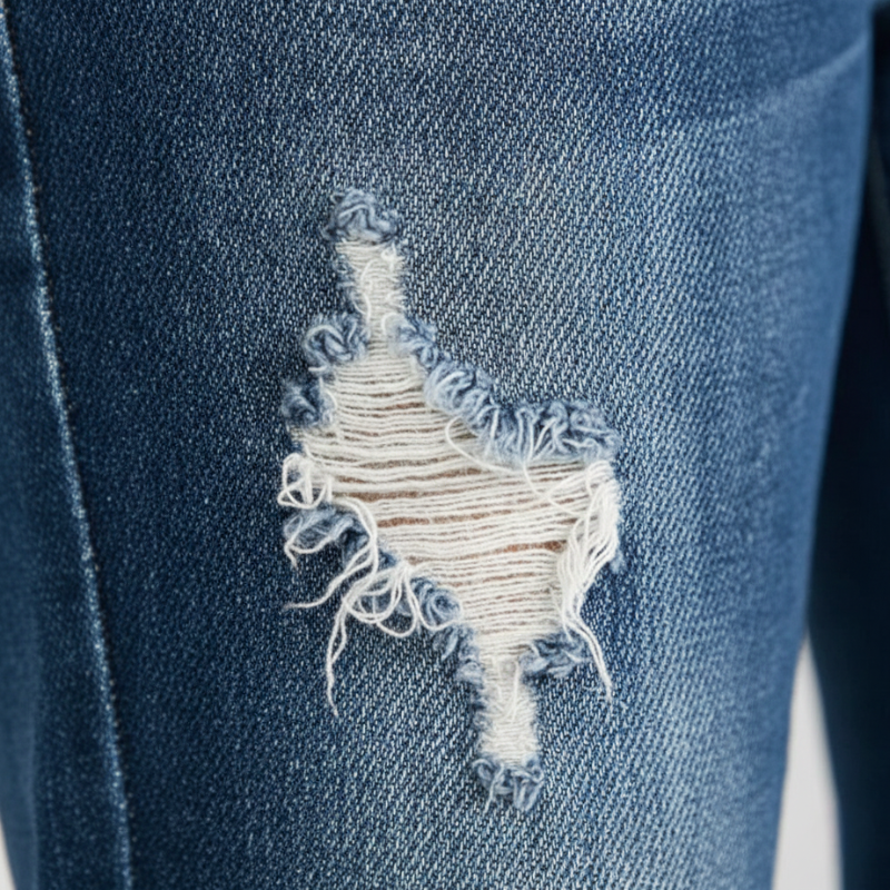 Ripped blue denim jeans with a decorative cut-out design.