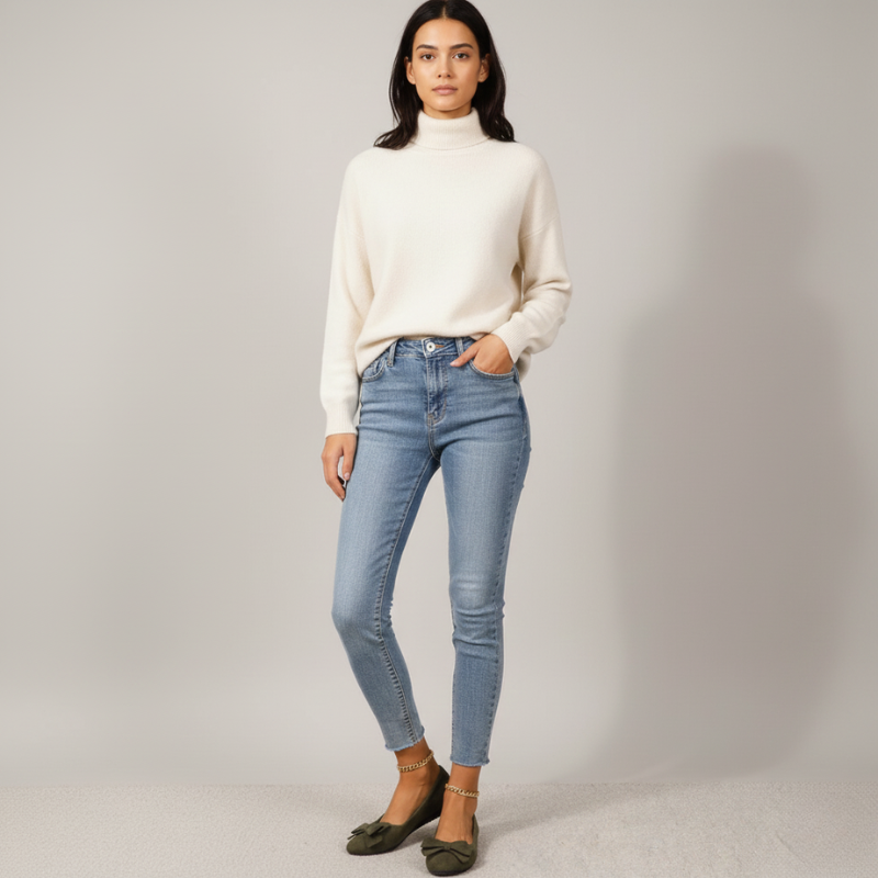 Woman wearing a white turtleneck sweater and light blue jeans on a gray background